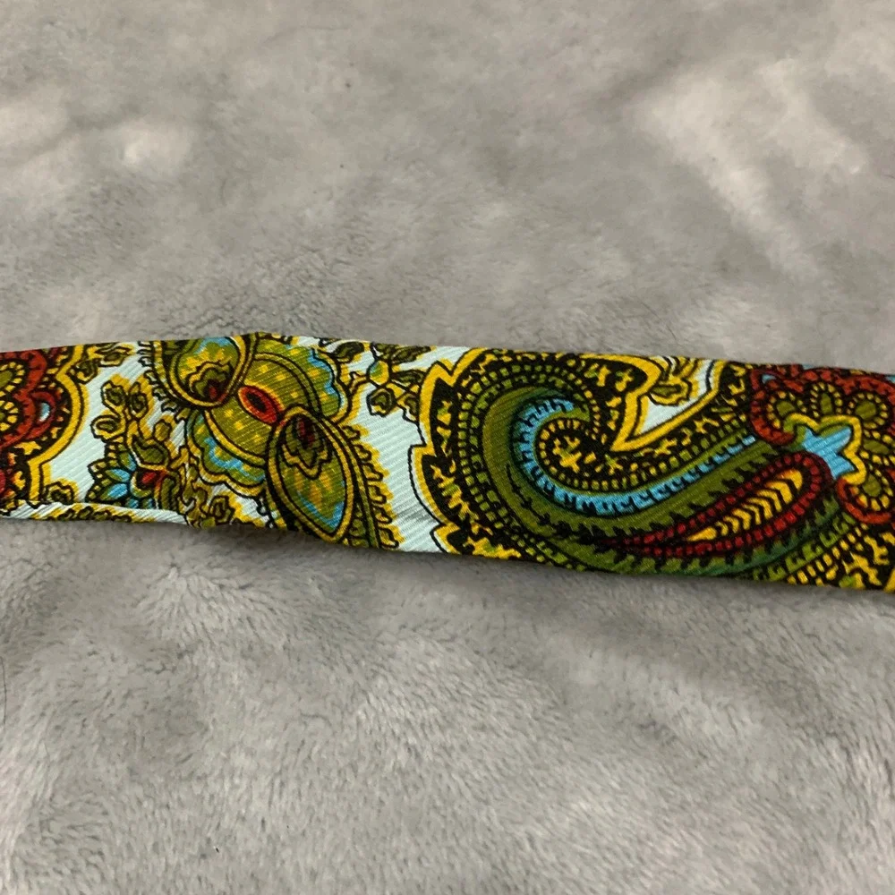 Vtg Rooster‎ John Wanamaker Paisley Neck Tie Green Gold Hand Printed Square End